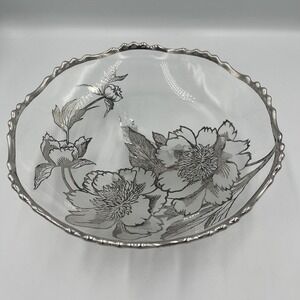 Vintage Rockwell MCM  Footed Bowl Silver Overlay Cabbage Roses Elegant Timeless